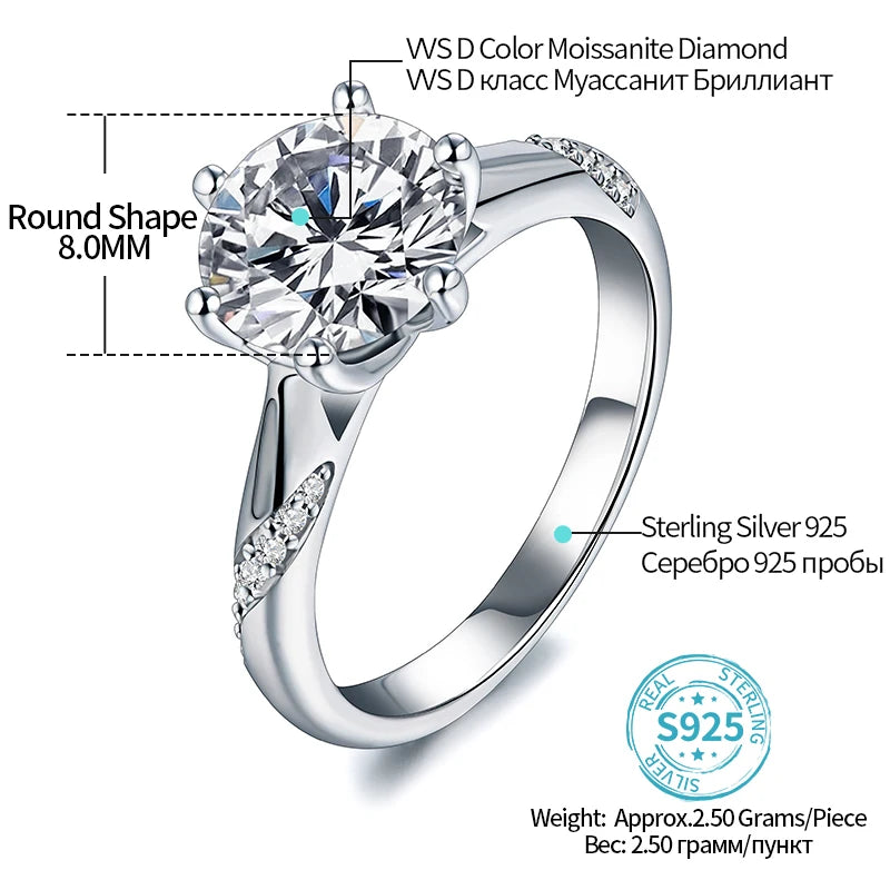 925 Sterling Silver Ring 1Ct 2Ct 3Ct Classic Style Moissanite Diamond Ring Wedding Party Anniversary Ring for Women Fine Jewelry