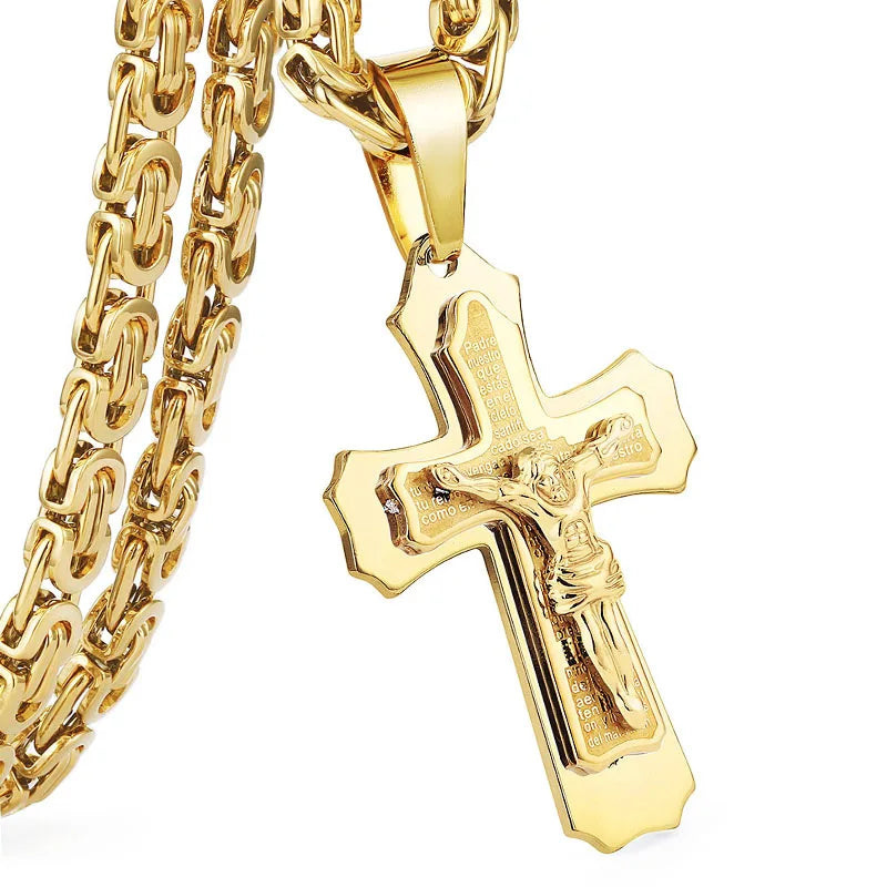 Bible Silver Color Jesus Cross Stainless Steel Pendants Necklaces Byzantine Long Chain Necklace for Men Jewelry Colar Collier
