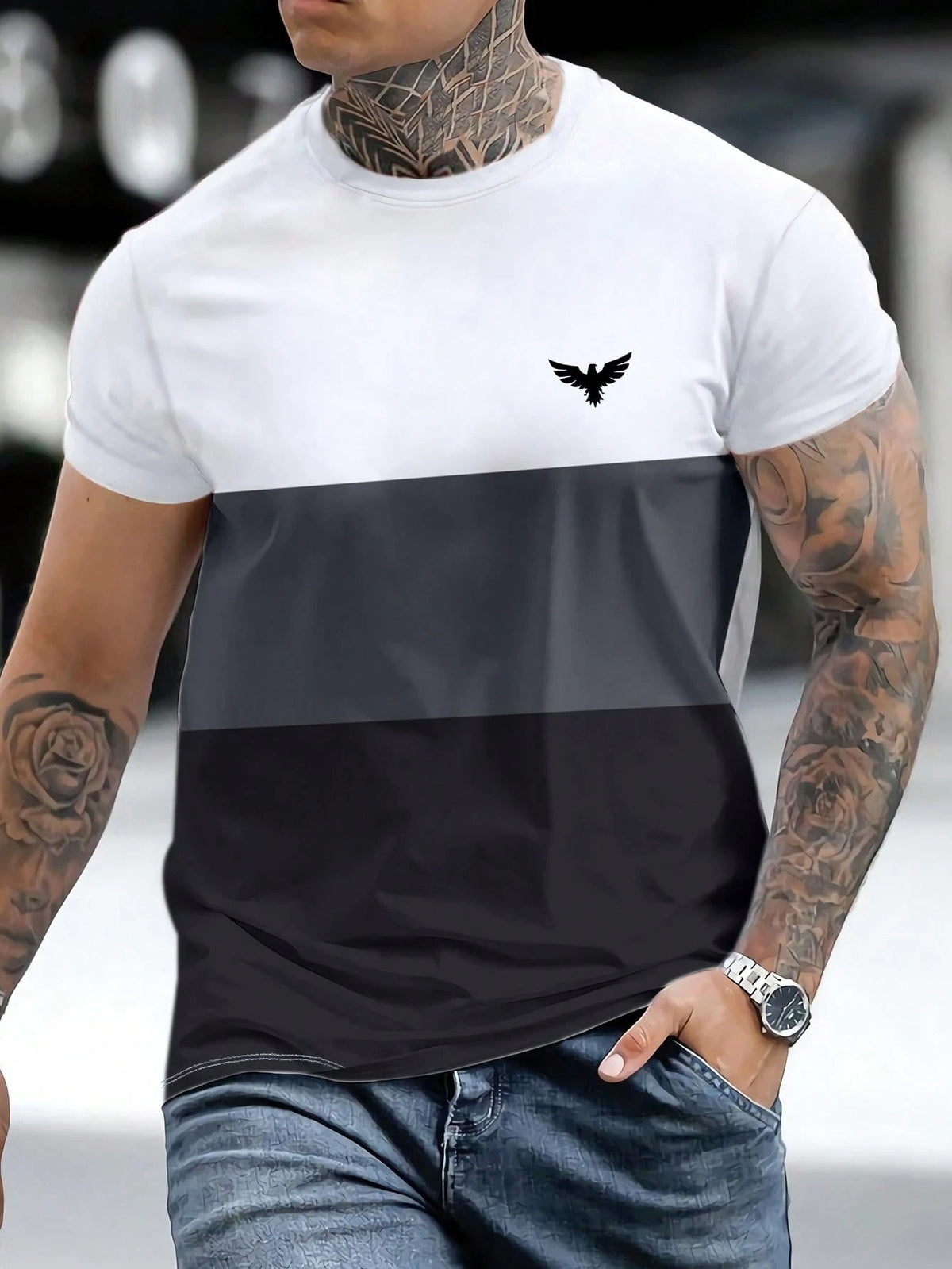 Manfinity Roughcore Men Eagle Print Colorblock Tee