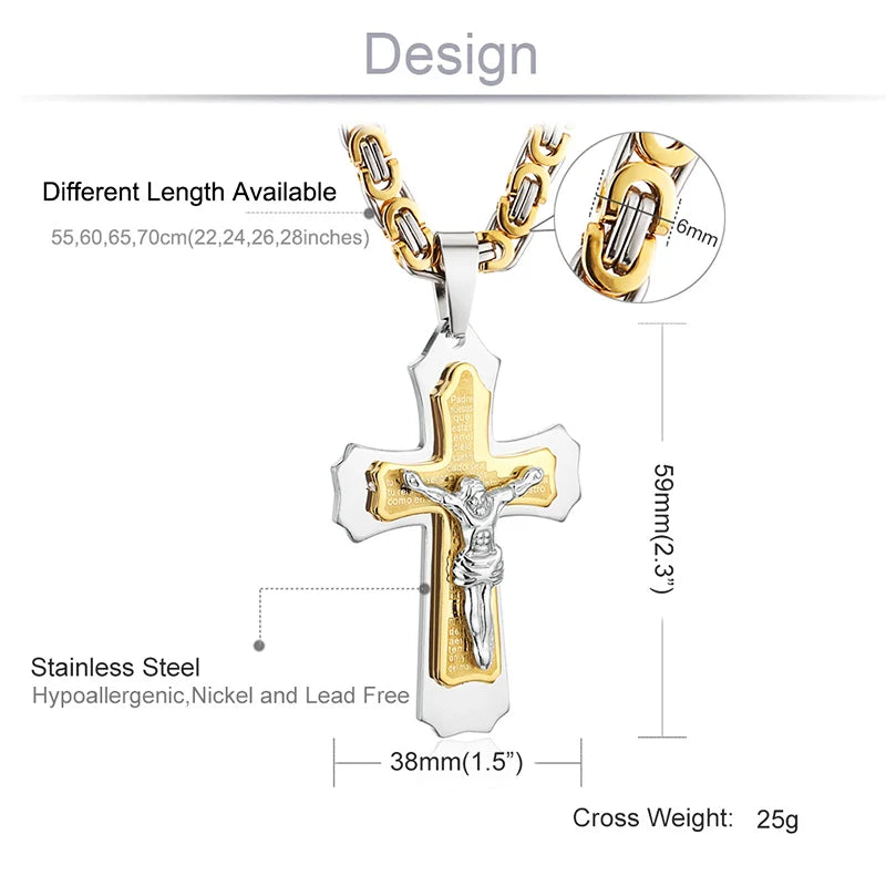 Bible Silver Color Jesus Cross Stainless Steel Pendants Necklaces Byzantine Long Chain Necklace for Men Jewelry Colar Collier