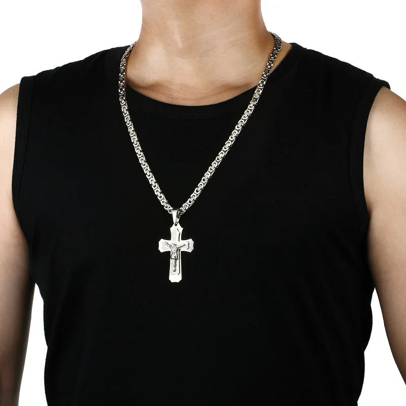 Bible Silver Color Jesus Cross Stainless Steel Pendants Necklaces Byzantine Long Chain Necklace for Men Jewelry Colar Collier