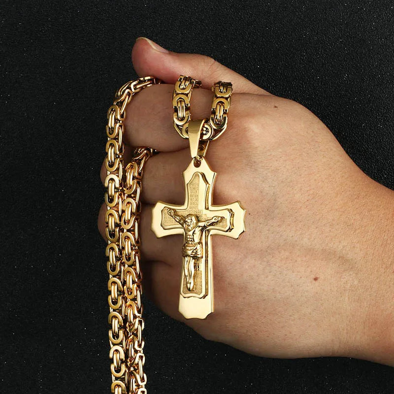 Bible Silver Color Jesus Cross Stainless Steel Pendants Necklaces Byzantine Long Chain Necklace for Men Jewelry Colar Collier