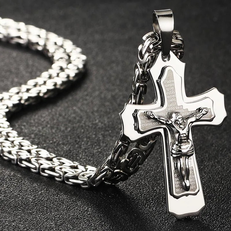 Bible Silver Color Jesus Cross Stainless Steel Pendants Necklaces Byzantine Long Chain Necklace for Men Jewelry Colar Collier