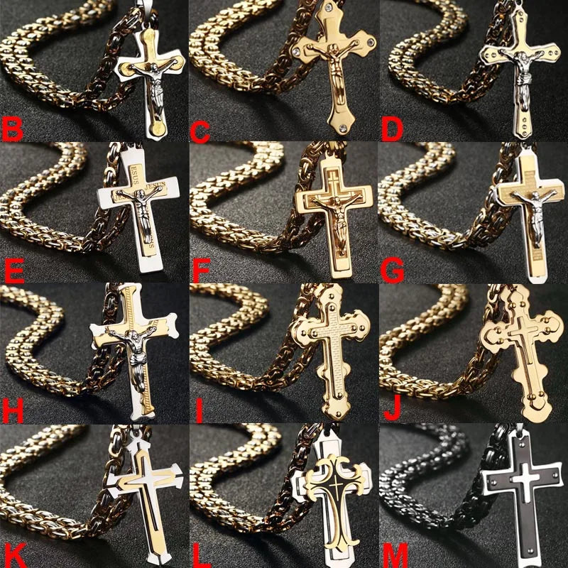 Bible Silver Color Jesus Cross Stainless Steel Pendants Necklaces Byzantine Long Chain Necklace for Men Jewelry Colar Collier